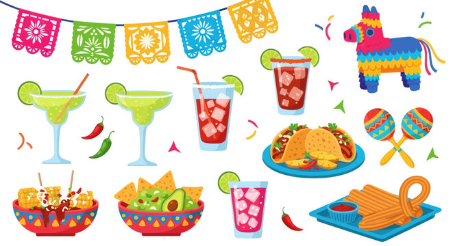 Mexican fiesta food drinks and party decorations set