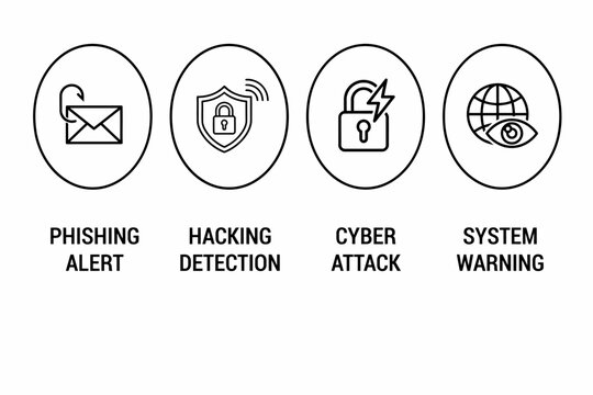 Cybersecurity icons set with phishing alert hacking detection cyber attack system warning