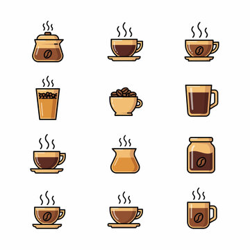 Set of various coffee cups and coffee containers with steam  isolated on white background
