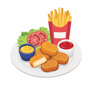 Fried chicken nuggets with fries and ketchup on a plate with lettuce tomato