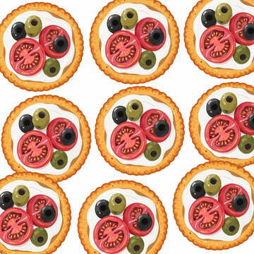 Several mini pizzas with tomato and olives on white background