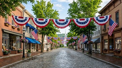 Obraz premium American Town Main Street Decorated for Independence Day Celebration