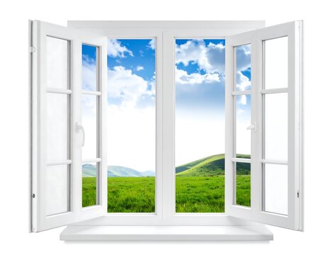 A serene landscape viewed through an open white window frame