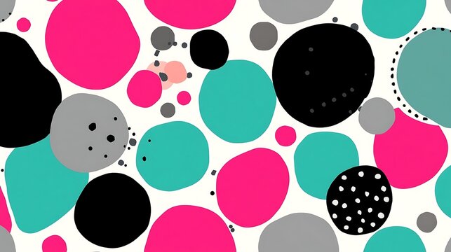 Dynamic Colorful Circles Abstract Pattern | Playful Pink, Teal & Black Dots Background
