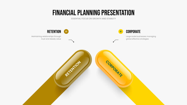 Project Development 2 Element Diagram Frame Layout. Corporate Planning Two Step Infographic Slideshow Design. Investor Performance Presentation Template Vector Illustration.