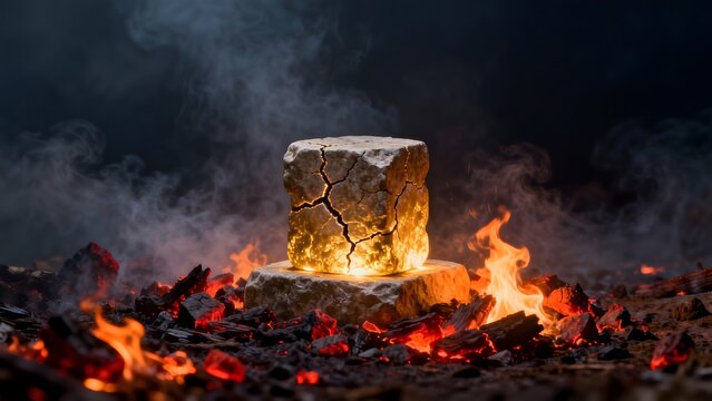 Stone block with glowing cracks in fire