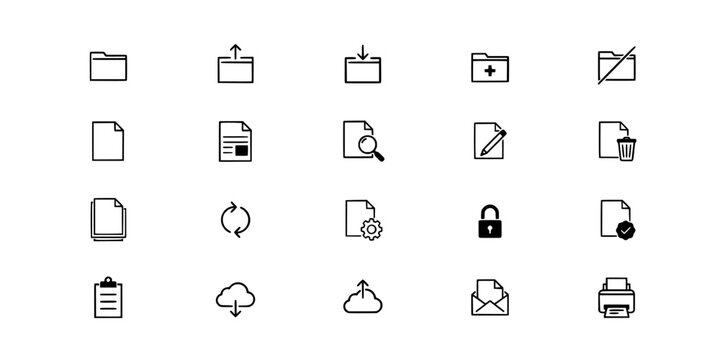 Icons Representing File Management and Document Operations in Black and White Featuring Icon, Vector, Upload with Download