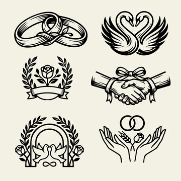 Set of six elegant wedding logos in vintage engraving style. Monochrome vector emblems featuring wedding rings, swans, laurels, roses, clasped hands, and doves within a romantic concept.