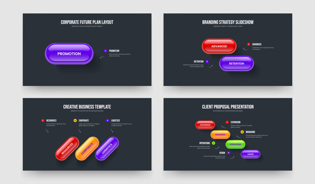 Market Forecast One Two Three Four Element Infographic Slide Design Vector Illustration Bundle. Corporate Plan 1 2 3 4 Step Diagram Frame Layout Collection.