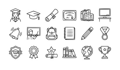 Fototapeta premium Education Graduation Doodle Icons Vector Collection Student Diploma University Degree Certificate Editable Stroke Line Art Set