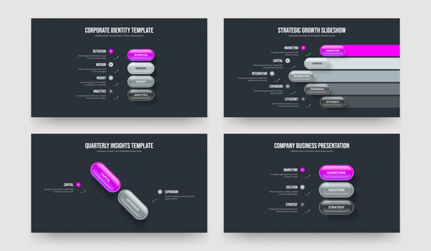 Advertising Plan 4 5 2 3 Step Diagram Presentation Design Collection. Marketing Proposal Four Five Two Three Element Infographic Frame Template Vector Illustration Bundle.