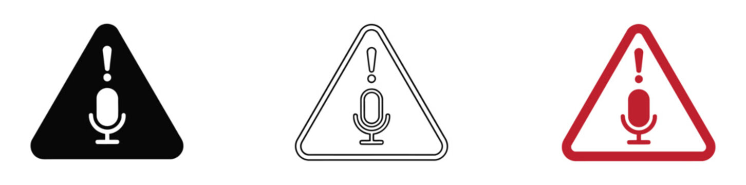 Headset with microphone and warning triangle icon outline and solid style microphone triangle attention. Warning microphone icons in triangle signs black white and red vector illustration.