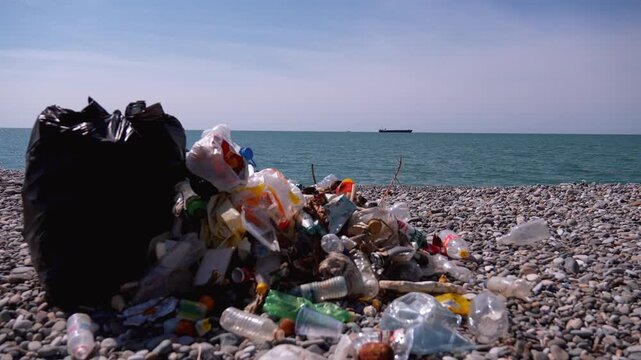 Plastic waste and other rubbish piled up on a pebble beach, contaminating the shoreline while a cargo ship sails on the distant sea, symbolizing a serious environmental problem and pollution