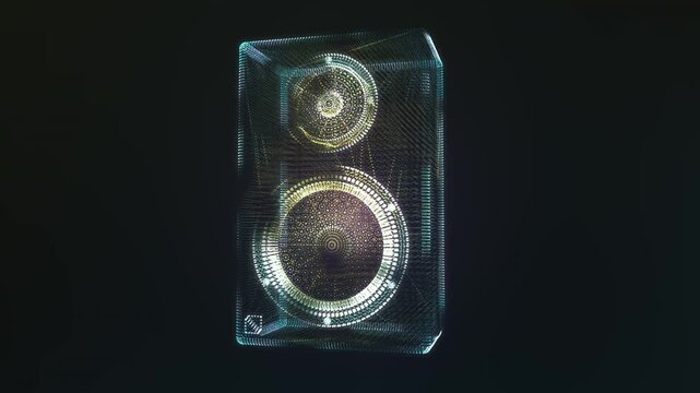 Particle loudspeaker radiates pulsing sound waves in dark space, bold cinematic 3D animation conveying powerful audio, suited for music branding and advertising campaigns