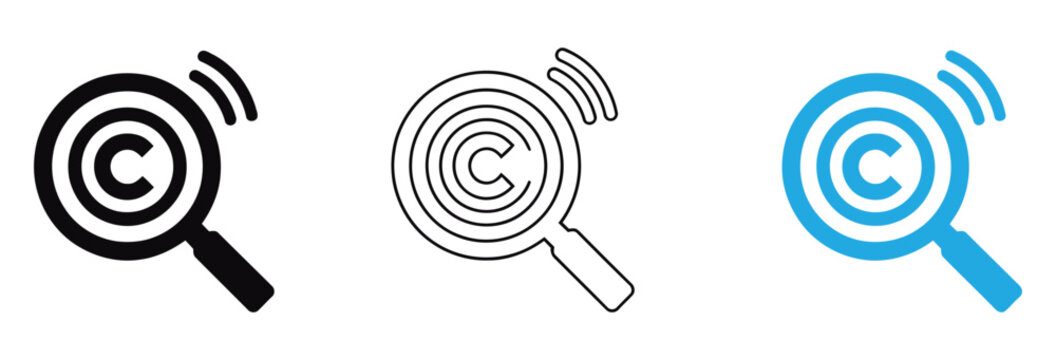 Copyright icon set in outline and solid glyph style vector. Copyright symbol under magnifying glass icon in black and line styles vector illustration.