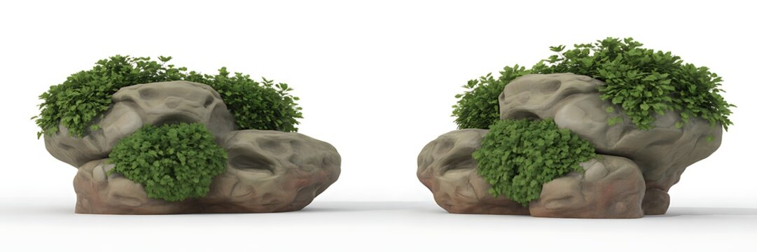 3D Render of Low Shrubs and Green Plants Growing on Rocks