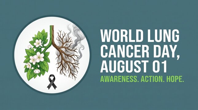 World lung cancer day awareness poster featuring human lungs with green leaves