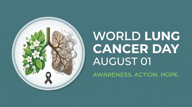 World lung cancer day awareness poster featuring human lungs with green leaves
