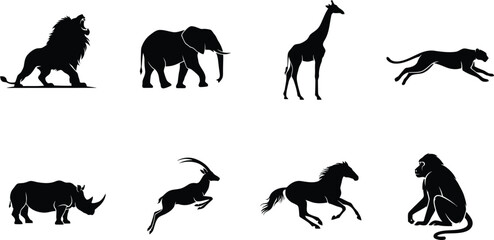 Wild Animal Silhouette Collection Featuring Lion Elephant Giraffe Rhino Horse Monkey Antelope Panther Isolated Vector Illustration Set Design © MstSaleha