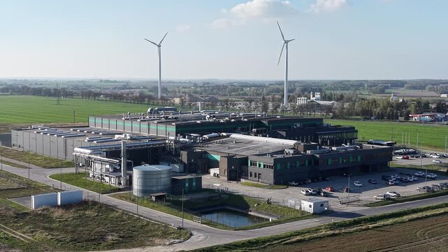 Clean energy powered tech campus aerial view