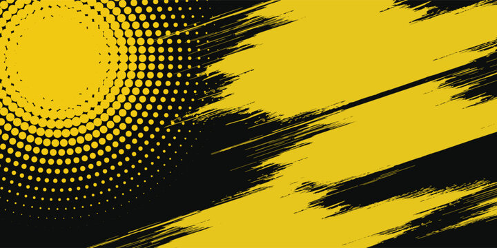 Yellow and black backdrop with dot halftone pattern element. Abstract brush grunge background. retro comic concept for your graphic design, banner or poster.
