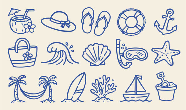 Summer beach outline icon set with tropical vacation elements including coconut drink, flip flops, anchor, surfboard, palm trees, seashell, wave, snorkel, sailboat and beach bag