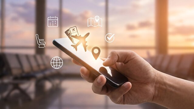 Hand holding a smartphone with a glowing airplane ticket and travel booking icons including map location calendar and globe at an airport terminal during sunset representing online travel concept
