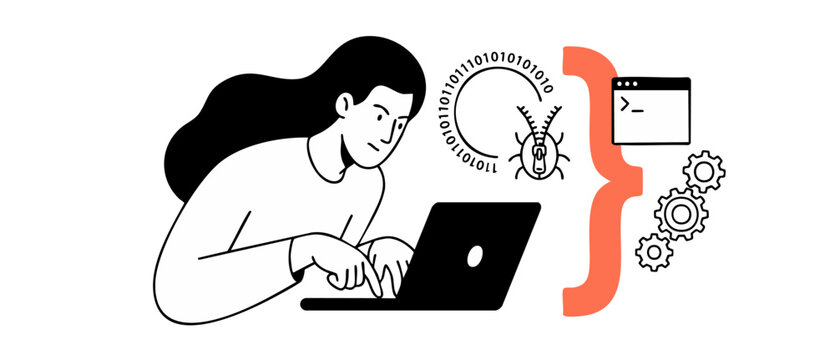 Female programmer coding software developer working on laptop to debug computer code in modern flat line art vector illustration. Tech workspace concept with gears, binary code, and terminal icons.