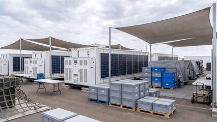 Fototapeta premium Mobile containerized energy storage station with solar panels inverter cabinets stacked plastic crates on wooden pallets and shade canopies at a field site under a cloudy sky