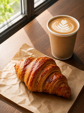 Fresh Croissant and Hot Latte Coffee on a Wooden Table by the Window.