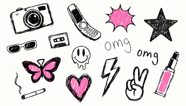 Y2K Indie Sleaze Nostalgia Doodle Set, White Background