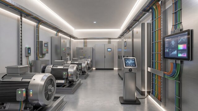 Modern smart factory machine room interior with row of industrial electric motors control cabinets colorful cables and digital monitoring screens displaying data analytics dashboards