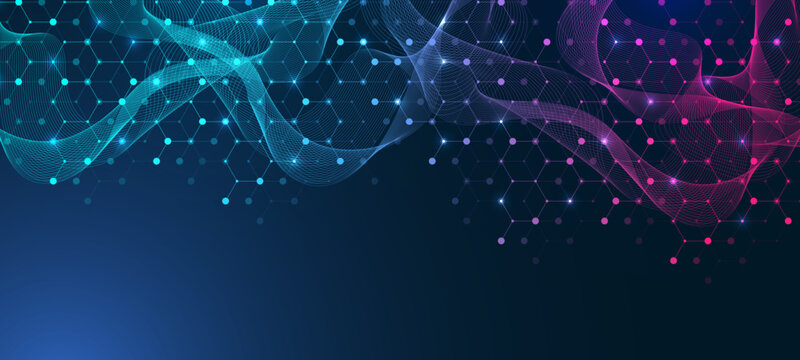 Molecular abstract structure and genetic engineering DNA. Healthcare and medicine background concept. Scientific research background. Wave flow. Innovation pattern. Vector illustration.