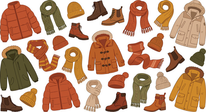 Cozy winter clothes vector set with flat warm puffer jackets parkas knitted scarfs hats and leather boots fashion elements collection isolated on white background