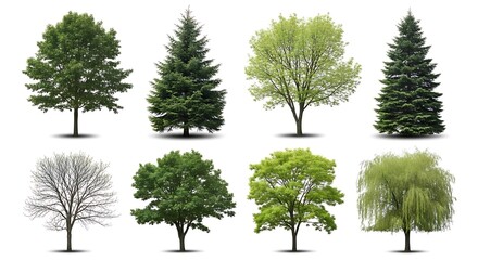 Fototapeta premium Diverse collection of eight isolated trees showcasing varied foliage and shapes against white