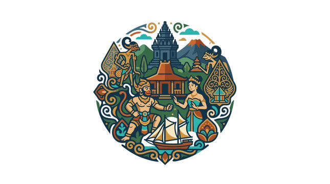 Circular illustration of Indonesian cultural heritage and landmarks.