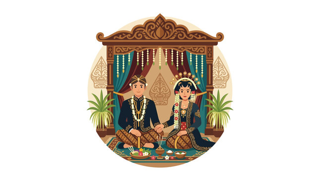 Circular illustration of Javanese wedding couple in pavilion