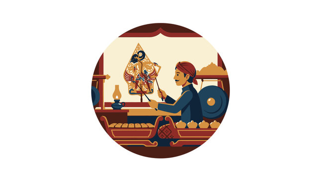 Circular illustration of puppet master playing gamelan and puppets