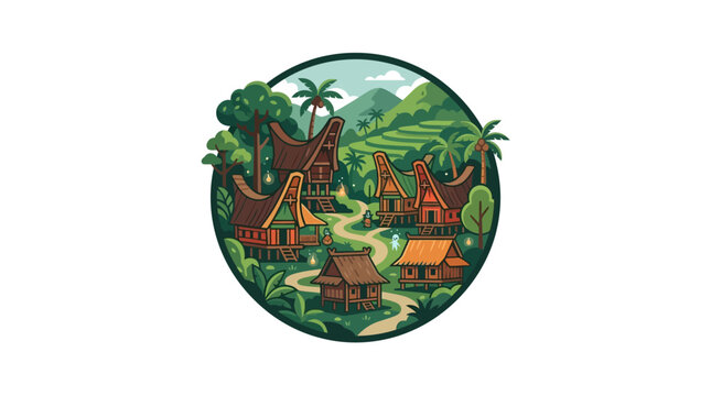 Circular Indonesian village landscape with traditional houses.