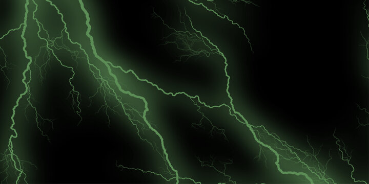 Abstract swirling dark background with vibrant electric green lightning bolts, night, intense. Powerful lightning bolt striking through ominous dark sky. Ideal for weather and natural disaster. 