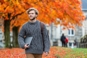 Fototapeta premium Young man walking on university campus in autumn, holding laptop and carrying shoulder bag, fall leaves covering ground