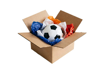 Open cardboard shipping box with soccer ball wrapped in colorful tissue paper, sports delivery package isolated