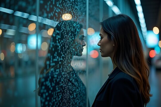 Individual Stands Before a Glass Wall, Contemplating Their Fractured Reflection: A Metaphor for Hidden Workplace Disparities, Backlit by Blurred City Lights.