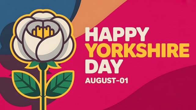 Happy yorkshire day greeting card illustration featuring a white rose emblem on a colorful background, yorkshire