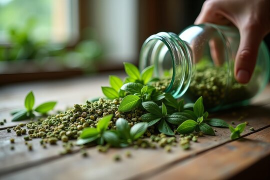 Close-Up of Vibrant Herbs Being Poured into a Clear Glass Bottle, Bathed in Soft Natural Light to Emphasize Textures and Colors