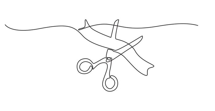 Animated self drawing of  Scissors Cutting a Ribbon, Continuous one line drawing of cutting ribbon for grand opening, ribbon cutting ceremony for opening event or company concept, single line art, HD