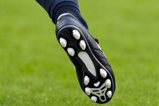 Close up of a soccer player kicking a ball on a green grass field.