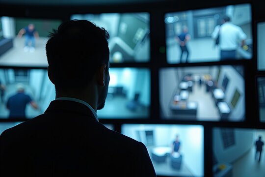 Intense Vigilance: A Security Staff Member Analyzes Multiple CCTV Screens in a Dimly Lit Control Room, Showcasing Professionalism and Focus.