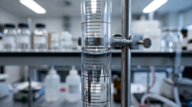 Liquid Meniscus in Glass Burette with Measurement Scale