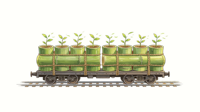 Illustration of a flatbed freight train transporting green bamboo segments sprouting seedlings